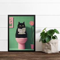 Quadro Para Banheiro Gato No Vaso - Rosa e Verde 24x18cm - com vidro