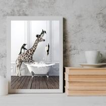 Quadro Para Banheiro - Girafa E Pinguins 33X24Cm - Com Vidro