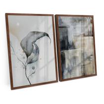 Quadro Para Escritório Sala Quarto Moderno Cinza Pinceladas Folha Cinza Kit 90x60cm C/ Vidro - Bimper