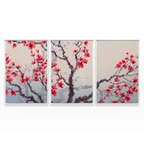 Quadro Para Quarto Árvore Cerejeira Sakura Oriental Mosaico 3 Telas Com Moldura - Bimper