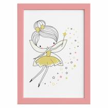 Quadro para Quarto de Menina Fada Amarela Moldura Rosa 22x32cm