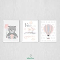 Quadro para Quarto de Menina Ursinha com Balão e Voe Alto Minha Pequena - 23x33cm