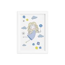 Quadro para Quarto Menina Flores Azuis Moldura Branca 22x32