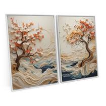 Quadro Para Sala Abstrato Coast Wisdom Tree Kit 2 Telas Moderna Árvores Artística Mar Luxo C/ Moldura - Bimper