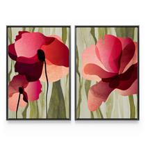 Quadro Para Sala Abstrato Decorativo Flores Vermelhas Moderna Kit 2 Telas Com Moldura Preta - Bimper
