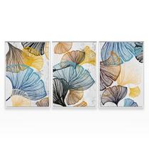 Quadro Para Sala Abstrato Ginkgo Leaves Folhas Decorativa Kit 3 Telas - Bimper