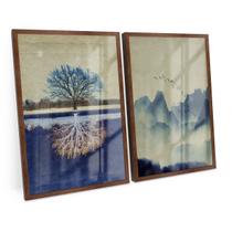 Quadro Para Sala Abstrato Moderno Arvore Dupla Par Montanha Paisagem C/ Moldura e Vidro Decorativo - Bimper
