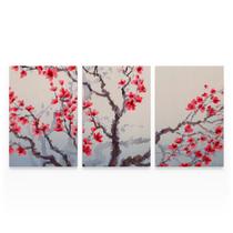 Quadro Para Sala Árvore Cerejeira Sakura Oriental Mosaico 3 Telas Canvas Decorativo - Bimper