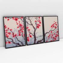 Quadro Para Sala Árvore Cerejeira Sakura Oriental Mosaico 3 Telas Com Moldura Grande Quarto - Bimper