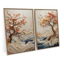 Quadro Para Sala Decorativo Abstrato Coast Wisdom Tree Kit 2 Telas Moderna C/ Moldura - Bimper