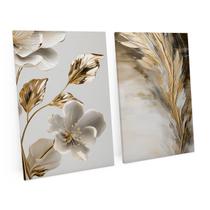 Quadro Para Sala Decorativo Abstrato Flores Dourada Moderna Kit 2 Telas Canvas - Bimper Quadro Para Sala Decorativo Abstrato Flores Dourada Moderna Kit 2 Telas Canvas - Bimper