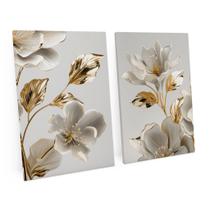 Quadro Para Sala Decorativo Flores E Folhas Ouro Branco Amarelo Moderno Kit 2 Telas 75x50 cm - Bimper