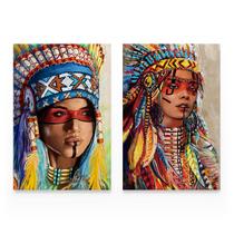 Quadro Para Sala Decorativo Índias Apaches Colorida Kit 2 Telas Canvas Grande - Bimper