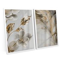 Quadro Para Sala Decorativo Moderno Abstrato Flores Douradas E Brancas C/ Moldura e Vidro - Bimper