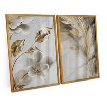 Quadro Para Sala Decorativo Moderno Abstrato Flores Douradas E Brancas C/ Moldura e Vidro - Bimper