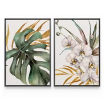 Quadro Para Sala Decorativo Moderno Folha Costela de Adão e Orquídea Abstrato Dourado Luxo - Bimper