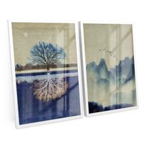Quadro Para Sala Escritório Arvore Montanha Paisagem C/ Moldura e Vidro 120x80 cm Decorativo - Bimper