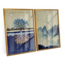 Quadro Para Sala Escritório Arvore Montanha Paisagem C/ Moldura e Vidro 120x80 cm Decorativo - Bimper