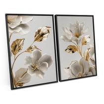 Quadro Para Sala Flores Em Ouro Branco Folhas Em Ouro Amarelo Moderno Abstrato C/ Moldura - Bimper Quadro Para Sala Flores Em Ouro Branco Folhas Em Ouro Amarelo Moderno Abstrato C/ Moldura - Bimper