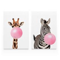 Quadro Para Sala Girafa e Zebra Mascando Chiclete Bubble Gum Kit 2 Tela Canvas - Bimper