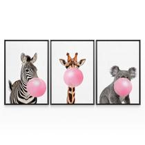 Quadro Para Sala Girafa Zebra e Coala Mascando Chiclete Bubble Gum Kit 3 Telas - Bimper