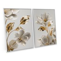 Quadro Para Sala Moderno Folhas Douradas E Brancas Ouro Amarelo Kit 2 Telas Canvas C/ Moldura - Bimper Quadro Para Sala Moderno Folhas Douradas E Brancas Ouro Amarelo Kit 2 Telas Canvas C/ Moldura - Bimper