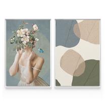 Quadro Para Sala Moderno Forest Harmony Kit 2 Telas Decorativo Abstrato Mulher Com Flores Borboleta - Bimper