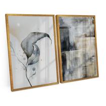 Quadro Para Sala Moderno Par Flor Folha Pinceladas Tons Cinza Decorativo C/ Moldura e Vidro - Bimper