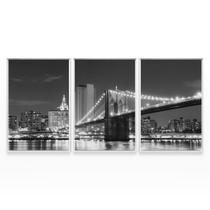 Quadro Para Sala Nova York Ponte Brooklyn Preto e Branco Mosaico Paisagem De 3 Telas - Bimper