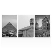Quadro Para Sala Paisagem Cristo Redentor Coliseu e Pirâmide Egito Kit 3 Telas Grande Turismo - Bimper