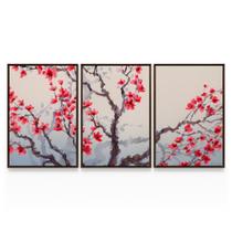 Quadro Para Sala Quarto Árvore Cerejeira Sakura Oriental Mosaico 3 Telas Grande - Bimper