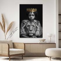 Quadro para Sala Quarto Hall Leão Menino Principe Africano Coroa Preto Parede Decorativo Grande