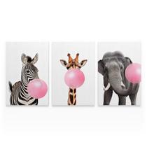 Quadro Para Sala Zebra Girafa e Elefante Mascando Chiclete Decorativo Kit 3 Telas - Bimper