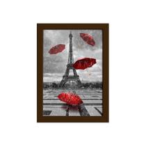 Quadro Paris Torre Eiffel Guarda Chuvas Moldura Marrom 22x32