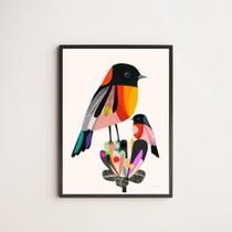 Quadro Passarinho Colorido Com Filhote 45X34 Com Vidro Preta