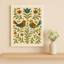 Quadro Passarinhos Folk Art 45x34cm Mold Branca Vidro