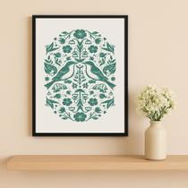 Quadro Passarinhos Folk Art Verde 33X24Cm Mold Branca Vidro