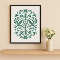 Quadro Passarinhos Folk Art Verde 33x24cm Mold Preta Vidro