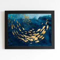 Quadro Peixes Dourados Cardume Azul Moldura Preta 60x40cm