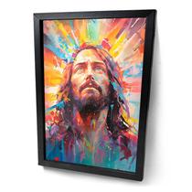 Quadro Pintura Colorida Jesus Céu Moldura Preta e Vidro