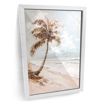 Quadro Pintura Paisagem Coqueiro Praia Moldura Branca e Vidro