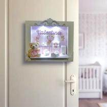Quadro Porta Maternidade Cenário Led e nome - Ursinha balao Rosa