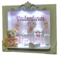 Quadro Porta Maternidade Cenário Led e nome - Ursinha balao Rosa