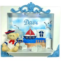 Quadro Porta Maternidade Cenário Led e nome - Urso marinheiro Azul BB