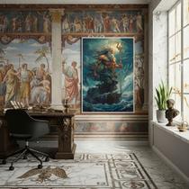 Quadro Poseidon Senhor dos Mares Terremotos Cavalos -70x50cm