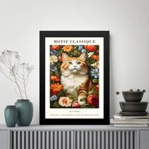 Quadro Poster Arte Gato Com Flores 45X34Cm - Com Vidro