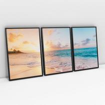 Quadro Pra Sala Paisagem Praia Mar Pôr Do Sol Decorativo Moderno Mosaico Canvas Com Moldura - Bimper