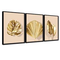 Quadro Premium Textura CXAlta Folhas Ouro em Bege2 3un 40x60