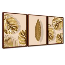 Quadro Premium Textura CXAlta Folhas Ouro em Bege3 3un 40x60