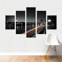 Quadro Preto e Branco Estrada Cidade Noite Iluminação Canvas